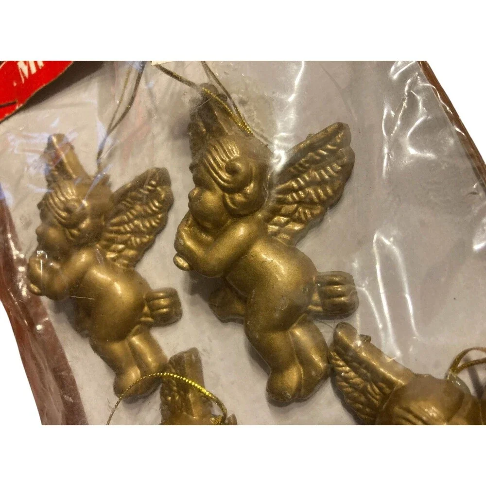 Set‎ of 6 Vintage Copper Plastic Cherub Angel Ornaments Playing Instruments